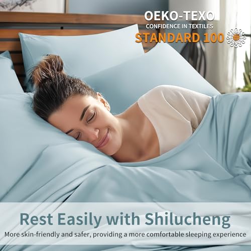 Image of Shilucheng 6 Piece King Sheet Sets, Cooling Sheets, Blend Rayon Derived from Bamboo, Deep Pocket Up to 16 inch, Breathable & Soft Bed Sheets, Hotel Silky Bedding Set, Spa Blue