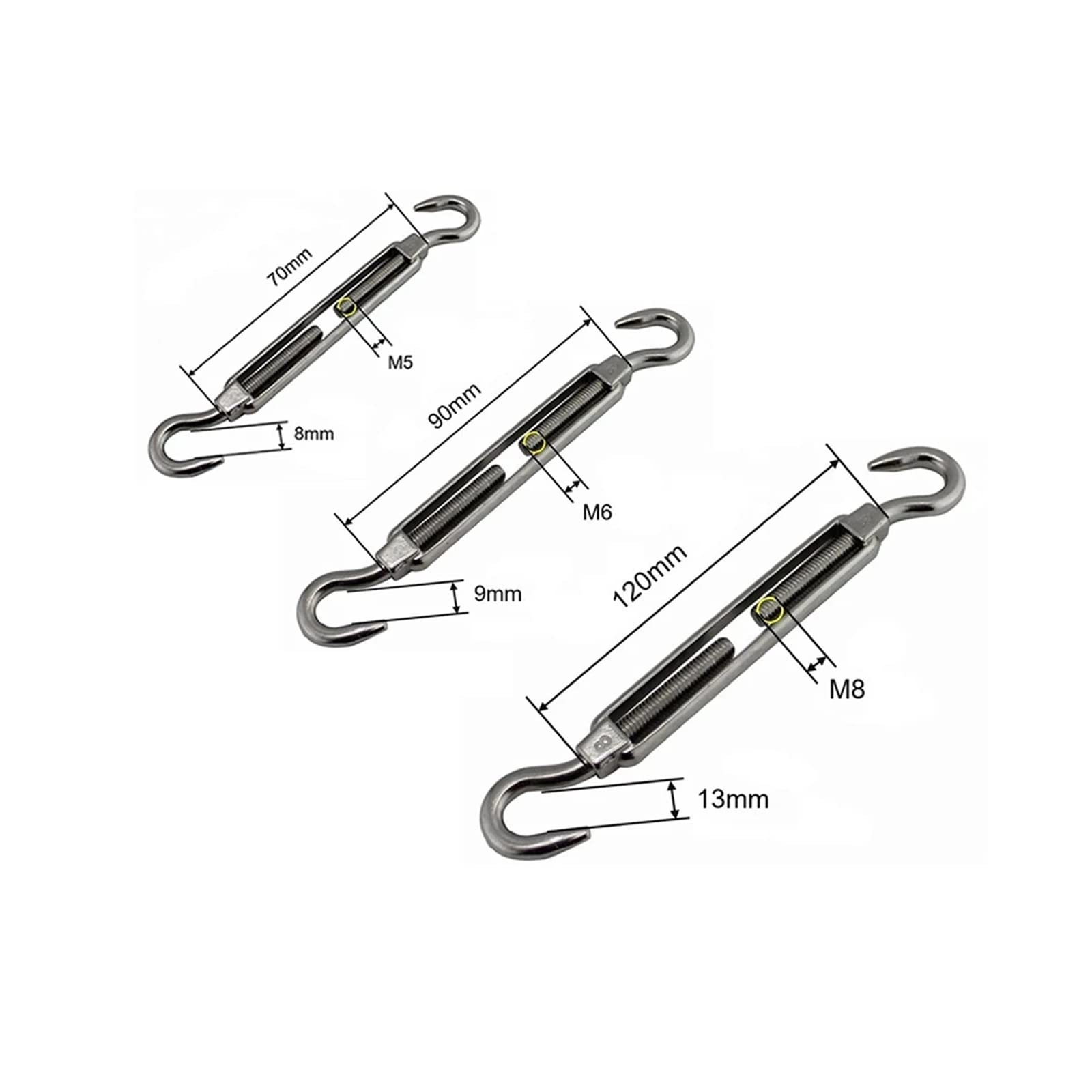 Napinacz do lin, 2/5/10 szt. Srebrny hak i haczyk ze stali nierdzewnej 304 M5/M6/M8 Ściągacz w stylu europejskim(M8,10pcs)