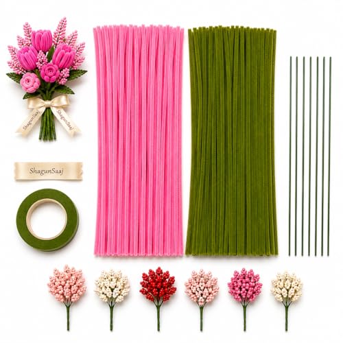 Image of ShagunSaaj Pipe Cleaner for Bouquet DIY Craft Flowers Kit - Fuzzy Chenille Stems & Fluffy Sticks for Arts & Crafts, Creative School Projects, Kids Craft Supplies, Home & Party Decor (Pink Floral Kit)