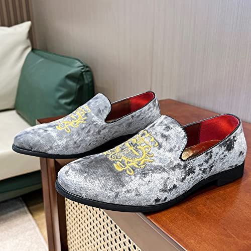 Image of FLQL Men's Luxury Velvet Penny Loafers Shoes Embroidery Suede Dress Loafers Daily Boats Shoes for Party Wedding Prom Size 7-13