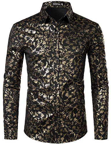 ZEROYAA Men's Hipster Gold Flower Printed Slim Fit Button Up Dress Shirt  for Party Prom ZZCL53 Black Small : Clothing, Shoes & Jewelry