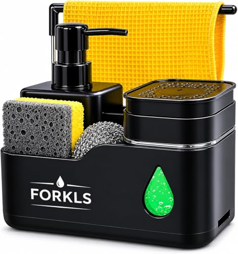 FORKLS 4-in-1 Kitchen Soap Dispenser Set Dual Hand & Dish Soap Pump with Sponge Holder Brush Organizer Towel Bar & Drain Rack Space-Saving Sink Counter Organizer Black