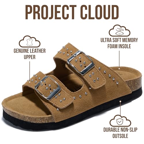Image of Project Cloud Kids Sandals 100% Genuine Leather - Natural Cork Footbed Non-Slip Slides for Kids - Lightweight Boys & Girls Sandals - Water-Resistant Girls & Boys Sandals