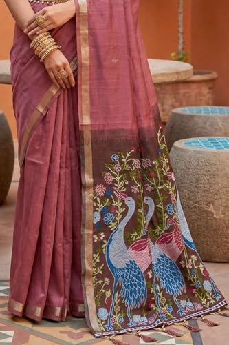 Image of SGF11 Women's Soft Cotton Linen Silk Saree With Unstitched Blouse Piece