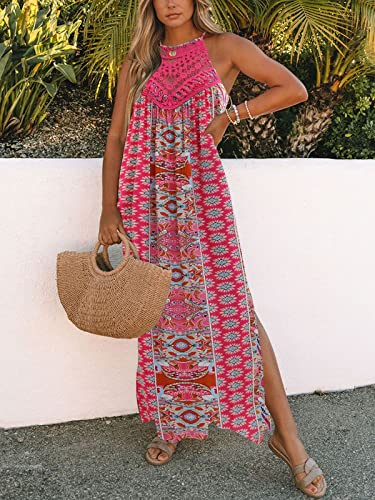 Image of FARORO Sleeveless Long Dress for Women Boho Halter Maxi Sundress Casual Loose Dresses Split Cover Up Gown with Pockets