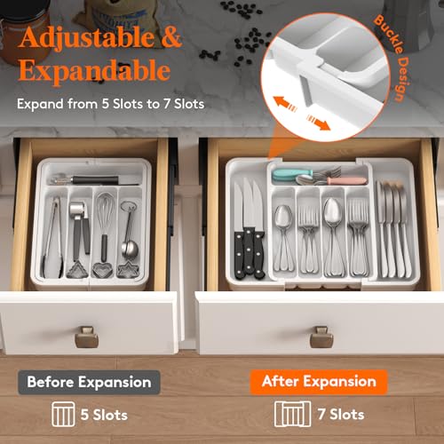 Lifewit Silverware Drawer Organizer, Expandable BPA Free Utensil Tray for Kitchen, Adjustable Flatware and Cutlery Holder for Spoons Forks Knives, Plastic Kitchen Organizers and Storage, White - 9