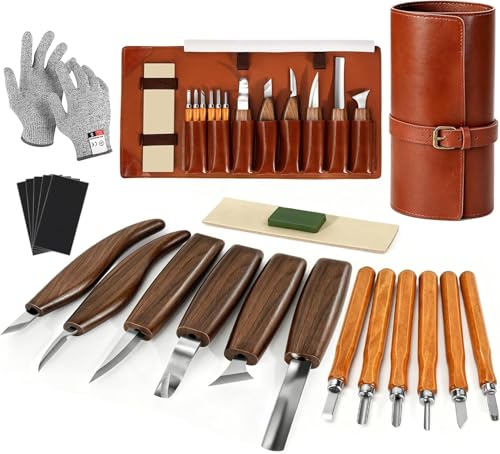 7CDXD Schnitzwerkzeug Set, 17 PCS Holzschnitzwerkzeuge mit Handschuhe, Aufbewahrungstasche und Anspitzer, Ideales Schnitzmesser-Set für Anfänger und Profis