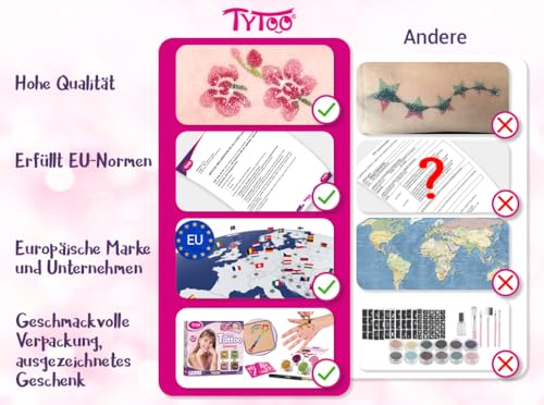 Tytoo Glitzertattoo Set für Mädchen mit 15 Schablonen- Seine Anwendung ist auch für Kinder mit empfindlicher Haut sicher und hält bis zu 18 Tage - 100% Geld-zurück-Garantie, Rosa
