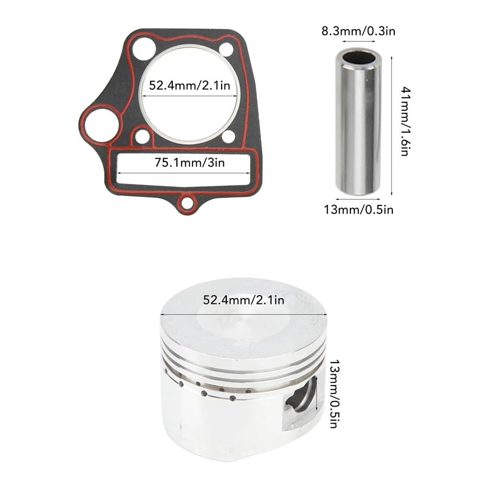 Zestaw pierścieni tłokowych do pił łańcuchowych, Pierścienie zabezpieczające tłoka Zestaw uszczelek 52,4 mm do kieszeni na gokart 110cc 125cc ATV motor terenowy Pit