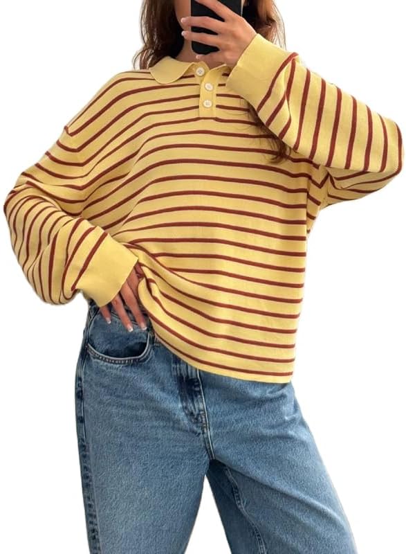 NUFIWI Womens Striped Rugby Polo Shirts Stripes Lapel V Neck Oversized Sweatshirts Y2K Loose Fit Collared Pullover Tunic Tops