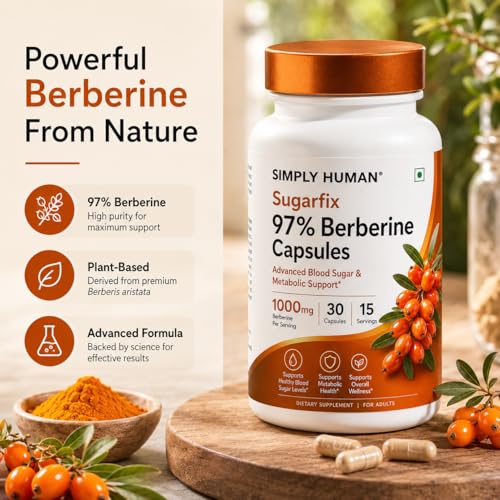 Image of Simply Human Berberine 1000mg Capsules for Blood Sugar & Metabolic Support | 97% Pure Berberine Extract | Supports Healthy Glucose Levels, Cravings & Energy | 30 Veg Capsules