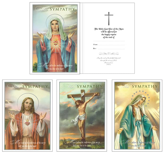 Pack of 4 With Sympathy Catholic Mass Card Unisex Faith Design for Men or Women with a Sentimental Memory Wallet Card