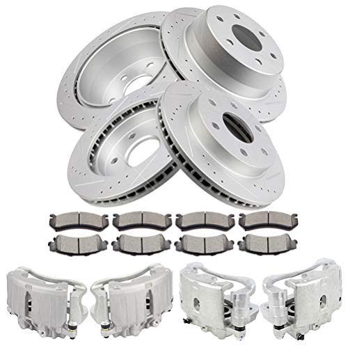 Image of cciyu Front + Rear Brake Kits with Calipers - 4 Dics Rotors & 8 Ceramic Pads & 4 Calipers With Bracket fit For Chevrolet 2000-2004 For GMC 2000-2005