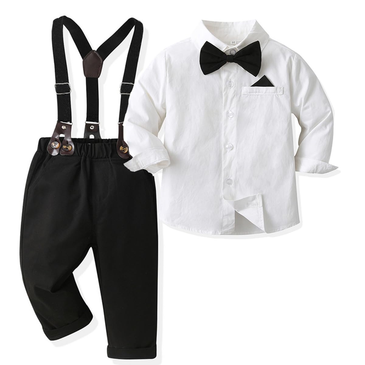 SALNIER Toddler Boy Suit Baby Boys Wedding Dress Outfit Formal Gentleman Clothes Set Dress Shirt Bowtie Suspenders Pants