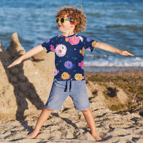 Boys Short Sleeve T-Shirts Blowfishes Fish Blue Rashguard Kids Swim Shirts Sun UPF 50+4