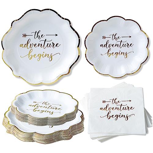 Kate Aspen The Adventure Begins Wedding Paper Plates and Napkins Set - 72 Piece Wedding Plates Disposable Party Tableware for 24 Guests - Bridal Shower Decorations, Engagement Party Decor