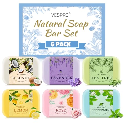 VESPRO Natural Bar Soap Gift Set with Olive Extract Perfect Fancy Soaps for Women Gifts Handmade Bar Soap for Teen Girls Travel Size Soap Bar Thank You Gifts Party Favors for Guests(Pack of 6)