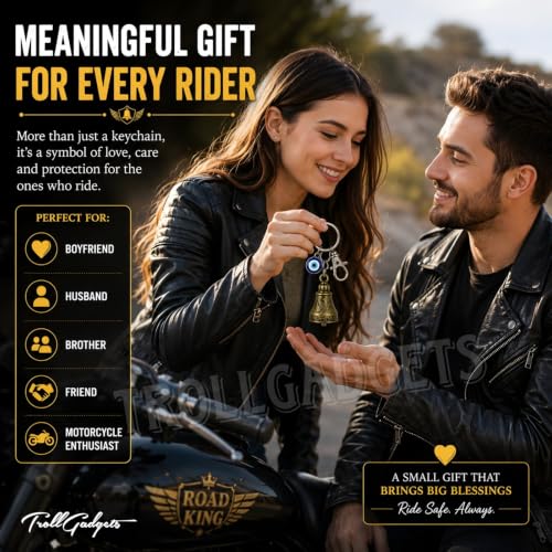 Image of TrollGadgets Premium Guardian Bell Keychain for Bike & Car | Tibetan Texture Bell Keychain with Evil Eye & Silver Hook | Good Luck Charm with Laser-Engraved Box And Potley