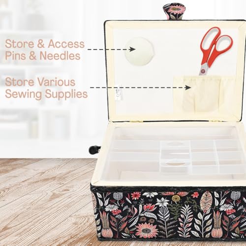 image for Comfecto Vintage Black Print Wooden Sewing Basket Organizer, Empty Box