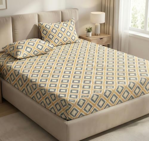 Image of VAS COLLECTIONS Double Bed 160 TC Cloud Cotton Fitted Bedsheet (78x72+10 Inches) | Elastic Deep Pocket Cotton Bed Sheet | Soft, Breathable Bedding for Home & Hotel (Golden Ash)