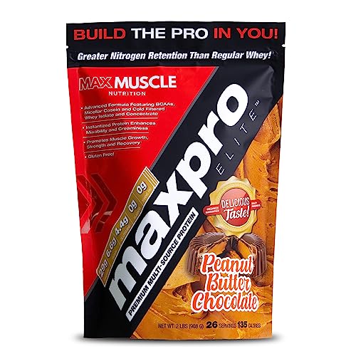 Max Muscle Maxpro Elite Whey Protein Powder | 30g Protein | 0g Sugar | 6.6g BCAAs | Micellar Casein Cold Filtered Whey Isolate Protein | Promotes Muscle Growth & Recovery (PB Chocolate, 2lb)