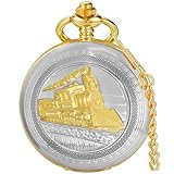 Vintage Silver Gold Steam Train Mens Quartz Gift Pocket Watch with Chain