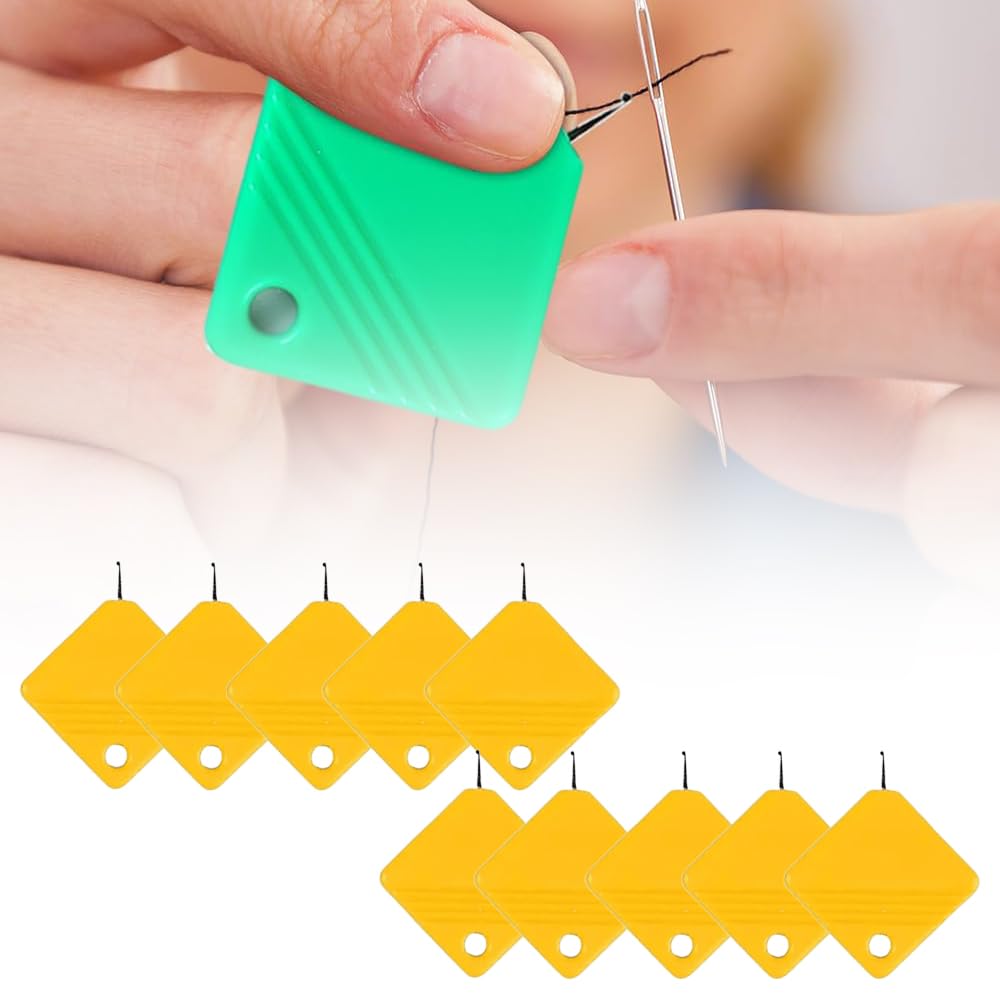 Lot de 10 enfile-aiguilles carrés en plastique pour couture à la main, outils de machine à coudre rapides pour broderie fil dentaire et point de croix (jaune, 10 pièces)
