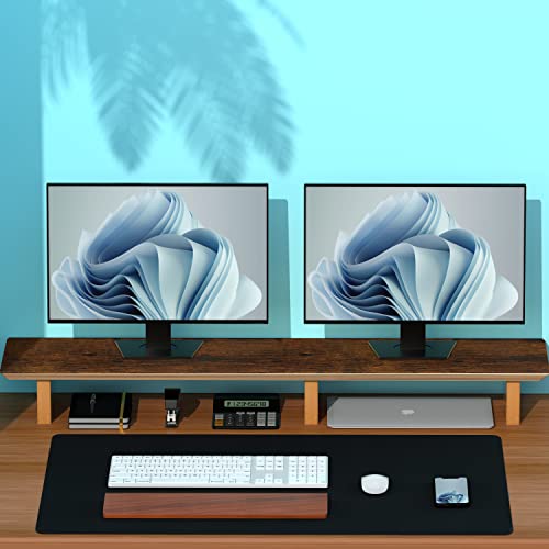 Image of Large Dual Monitor Stand Riser - Solid Wood Desk Shelf with Eco Cork Legs for Laptop Computer /TV /PC /Printers, Perfect Desktop Stands Organizer with Underneath Storage for Office Accessories,Vintage