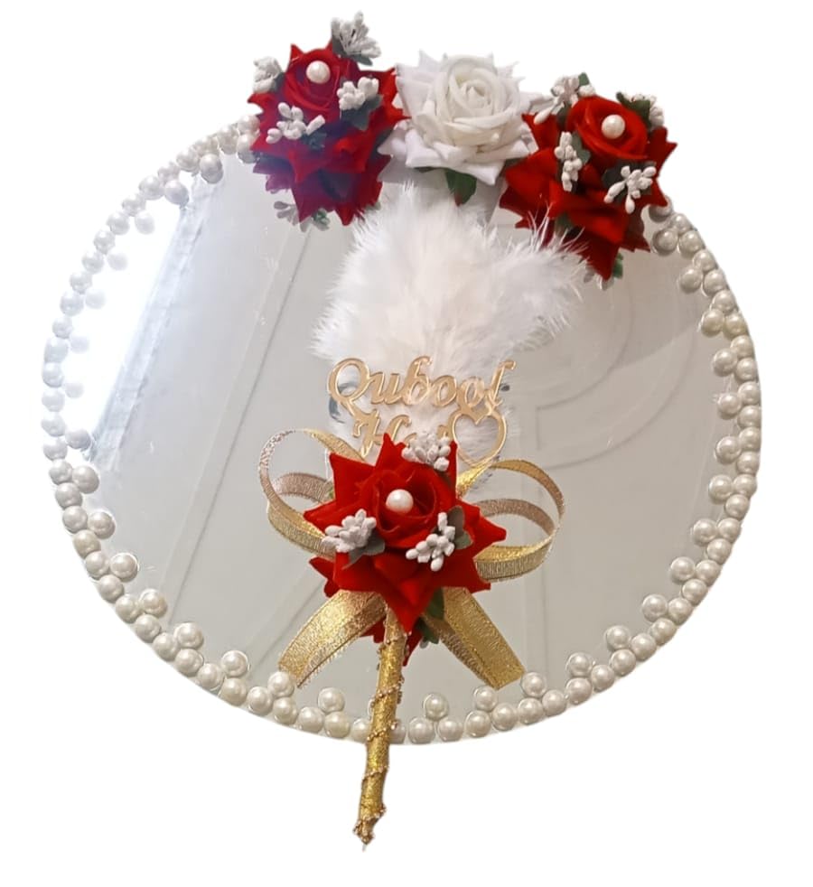 CRAFT SHOPSY Qabool Hai Decorative Pen, Nikah Signature Pen with Mirror Plate, Wedding Present for Bride and Groom. (White RED)-image-22