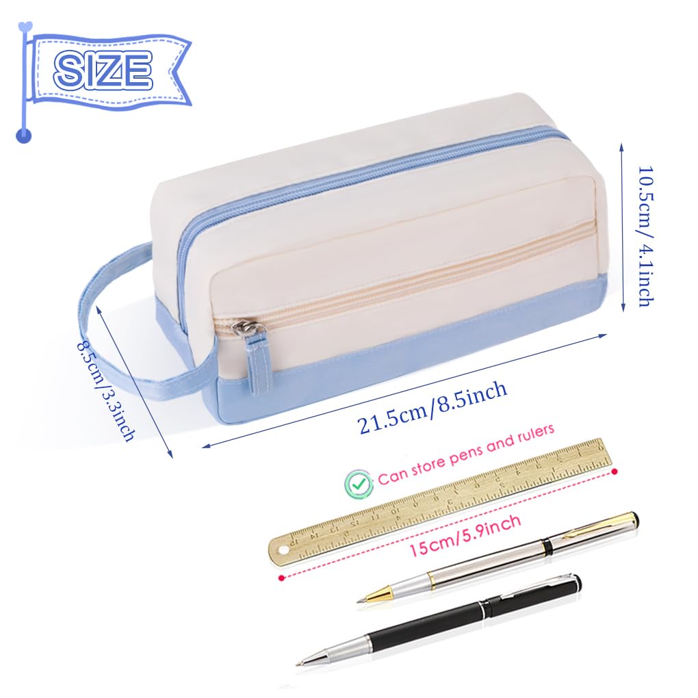 Oyachic Big Capacity Pencil Case Double Zipper Pen Pouch Organizer Storage Cosmetic Makeup Bag with Handle for Adults Women Office (Blue) - Image 4