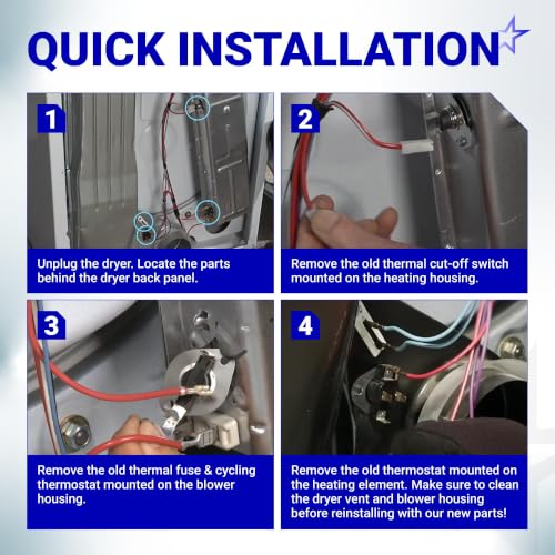 Image of BlueStars 3387134 Cycling Thermostat 3392519 Dryer Thermal Fuse 3977393 Thermal Cut-off Switch 3977767 High-limit and Wire Thermostat Kit - Compatible with Whirlpool Kenmore Maytag Dryers