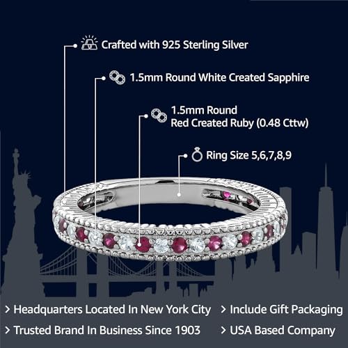 Gem Stone King 925 Sterling Silver Red Created Ruby and White Created Sapphire Women Wedding Band Ring (0.48 Cttw, Available 5,6,7,8,9)2
