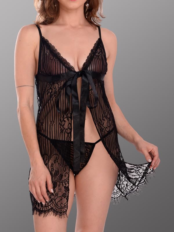 Image of Women Satin Lace Solid Print Babydoll Lingerie Honeymoon Nighty.