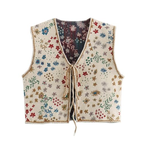 Women Crochet Floral Embroidered Vest Boho Floral Tie Front Vest Vintage Sleeveless Crop Cardigan Cowgirl Outerwear (Beige,Medium)