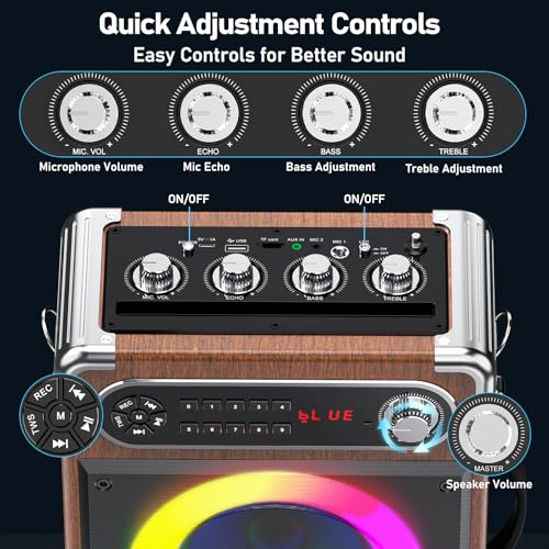 Image of JYX Portable Bluetooth Karaoke Speaker with 2 Wireless Mics, 10Hrs Playtime, RGB Lights, PA System for Adults & Kids, Supports USB /TF /FM /Type-C /AUX, for Home Party, Outdoor & DJ Use (Wood)