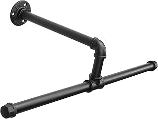 Industrial Pipe Clothes Rack Floating DIY Wall Mounted, Heavy Duty Rustic Vintage Clothing Rod, Metal Garment Bar Space-Saving Hanging for Bedroom, Bathroom and Laundry Room (Black 20 Inch)