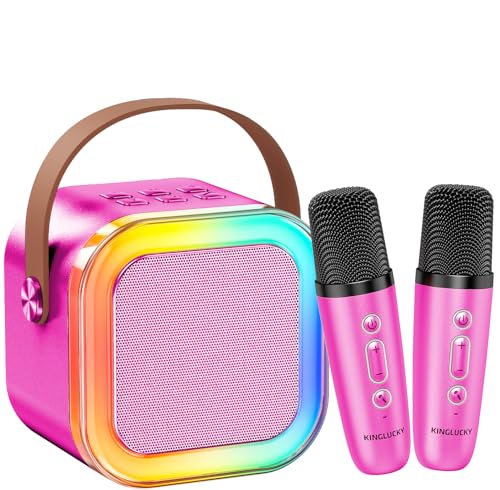 Kinglucky Mini Karaoke Machine for Kids, 2025 TOP Birthday Gifts Ideas for 3-12 Year Old Girls, Christmas Party Gifts Kids' Personal Video Players Accessories with 2 Wireless Microphones - Rose Pink
