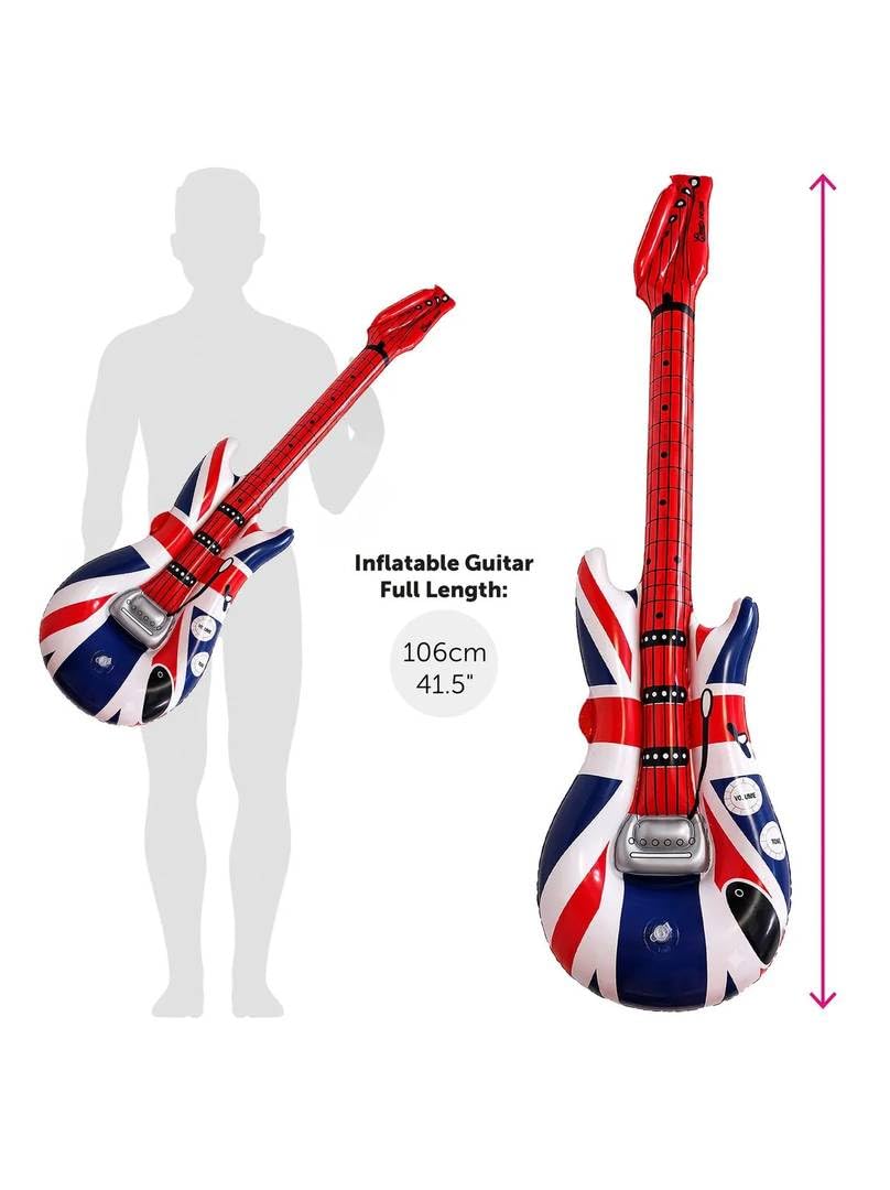 Conjunto de disfraz de banda rosa de los años 60, incluye chaqueta, guitarra de la bandera británica, peluca, gafas, bigote y collar de la paz