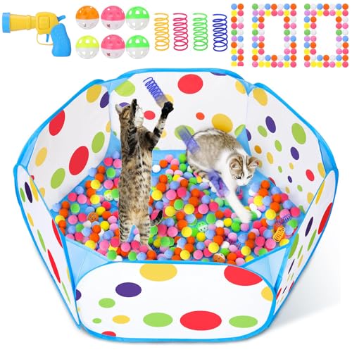 MUAEEOK Katzen-Bällebad mit 106 Katzenspielzeugbällen und 4 Katzenfeder-Spielzeug, interaktives Katzenspielzeug für gelangweilte Indoor-Katzen, Selbstspiel, Katzenanreicherungsspielzeug für