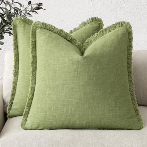 Image of Foindtower Set of 2 Decorative Linen Fringe Throw Pillow Covers Cozy Boho Farmhouse Cushion Cover with Tassels Soft Accent Pillowcase for Couch Sofa Bed Living Room Home Decor,20x20 Inch,Lush Green