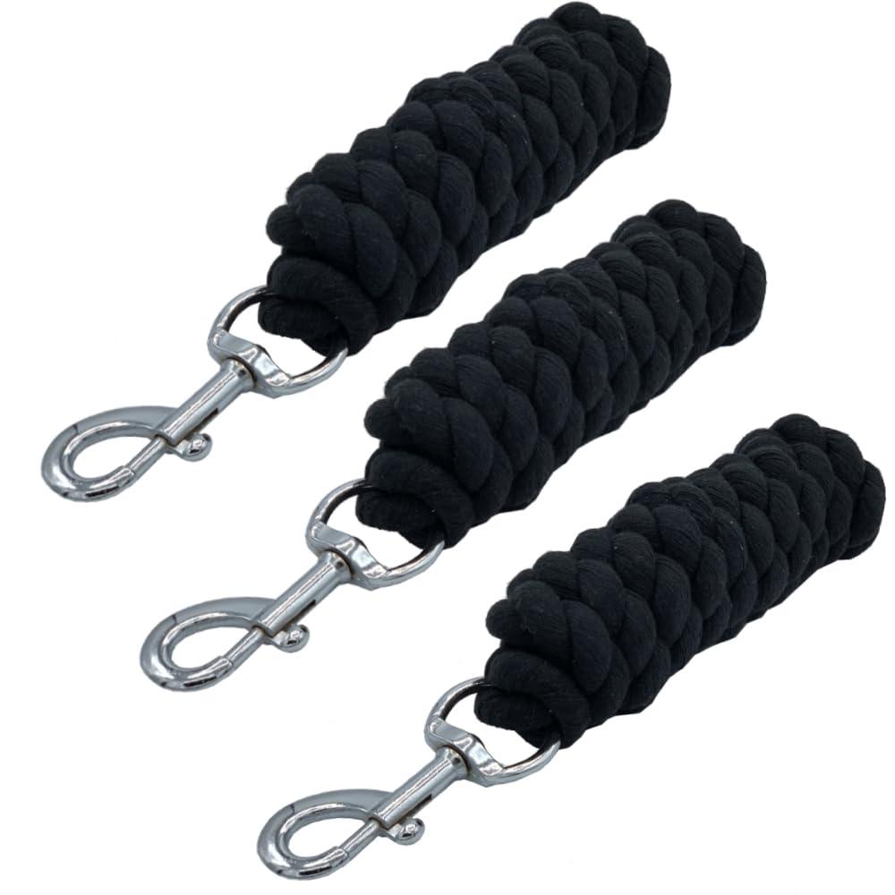 Cotton Lead Rope For Horses Heavy Duty Metal Trigger Clip 2 Meters Long Quality Lead Rope (BLACK, PACK OF 3)