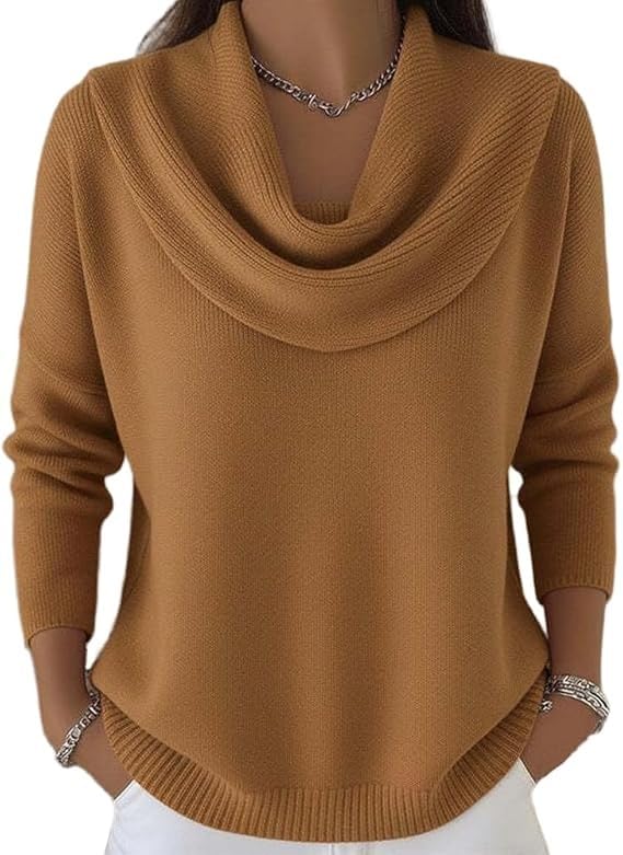 Womens Cozy Cowl Neck Sweaters Lightweight Holiday Casual Loose Long Sleeve Knit Pullover Jumper Tops