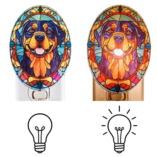 Image of Dog Night Light Rottweiler, Stained Glass Styled Plug-in Wall Nightlight, Bulb Included, Pet Memorial Dog Lover Gift, Bedroom Hallway Bathroom Decor, Manual On /Off Switch