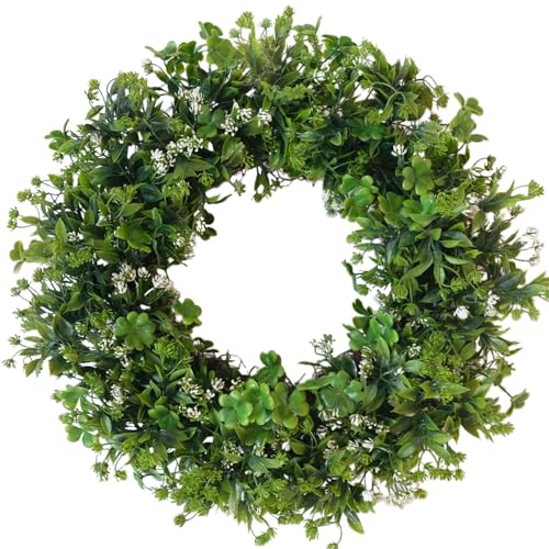 TEMPUS 20 Inch Artificial Floral Wreath for Front Door - Lucky Shamrock Clover with Spring Summer Flowers Greenery Farmhouse Decor for Porch Wall Window Year-Round Indoor Outdoor Home Decoration