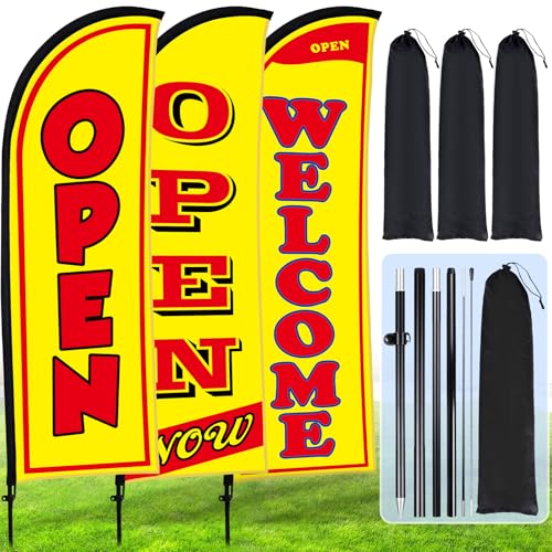 Image of Buryeah 3 Sets Now Open Feather Flag Banner for Business Advertising 7 Feet Tall Grand Opening Feather Flag Sign with Fiberglass Pole Kit Rotating Ground Spike and Portable Bag (Yellow)