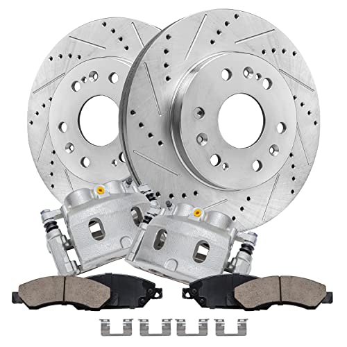 Image of Detroit Axle - Front Brake Kit for Suburban Silverado Sierra Yukon XL 1500 | Tahoe Escalade Drilled and Slotted Brake Rotors Ceramic Brake Pads Brake Calipers Replacement 12.99 inch inch Front Rotors
