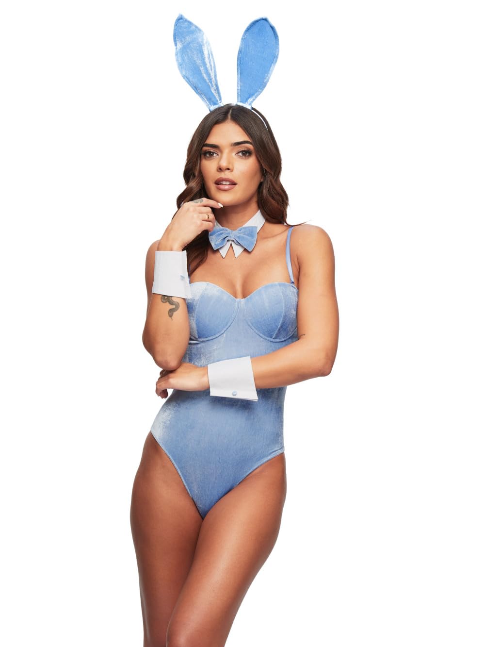 Ann Summers - Tuxedo Bunny Outfit, Velvet Halloween Costume, Rabbit Outfit with Bunny Ears & Fluffy Tail - Light Blue