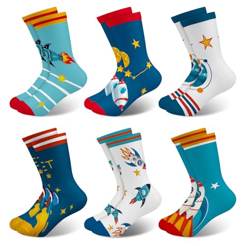 Queenshin 6 Pares Calcetines Niños Infantiles Calcetín Crew con un Colorido Patrón de Cohetes Transpirable Regalos 5-8 años Tamaño 28-32