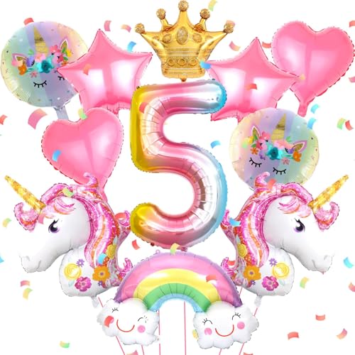 Licorne Ballon Anniversaire 5 an Fille Ballon Aluminium Licorne Decoration Anniversaire Fille Ballons Ronds en Aluminium avec Coeur, Arc-en-ciel et Couronne...