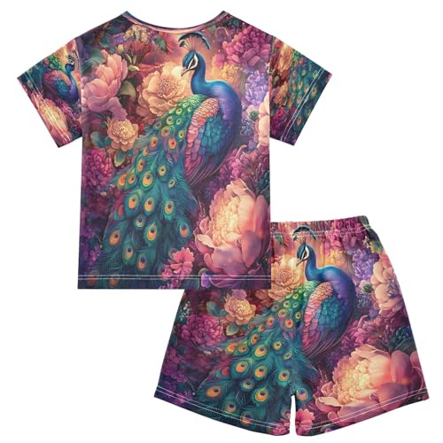 ALAZA Peacock Peony Bird Artwork Pajamas Set Short Sleeve Cotton Sleepwear Summer Pjs 2 Piece 5-14Y2